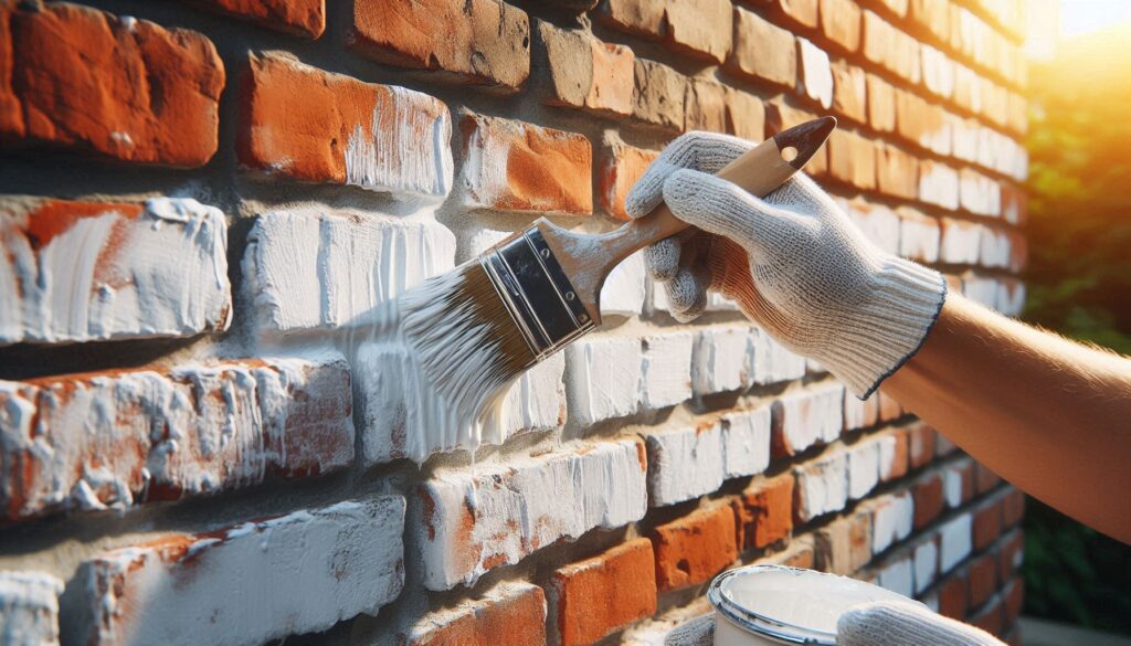 Person cleaning red brick wall with a scrub brush before staining
