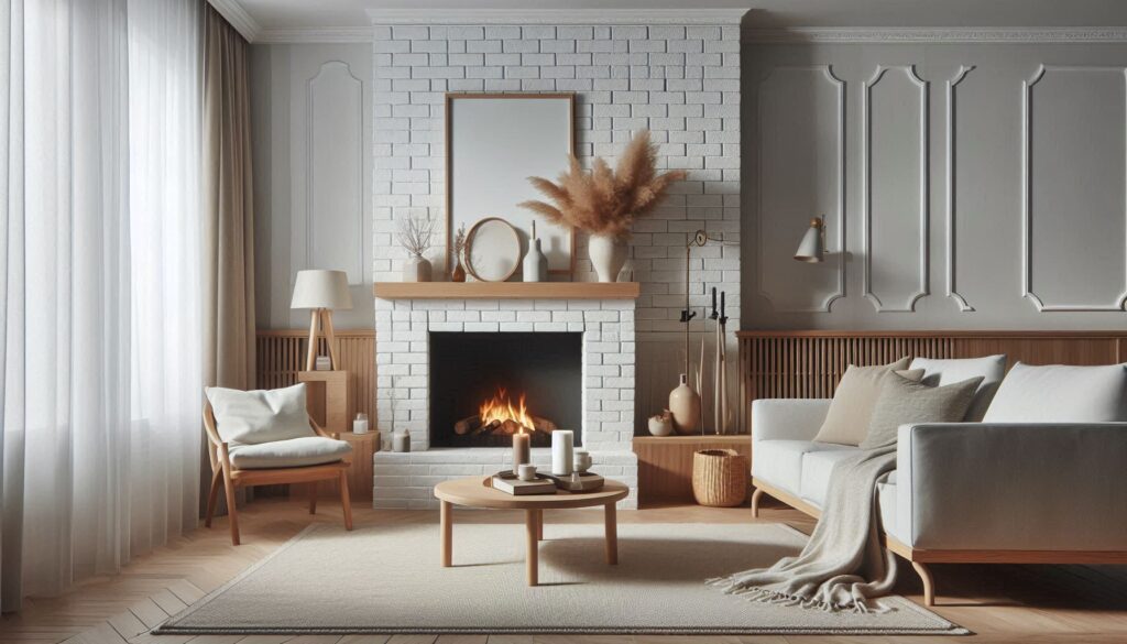 White-stained brick fireplace in a cozy modern living room