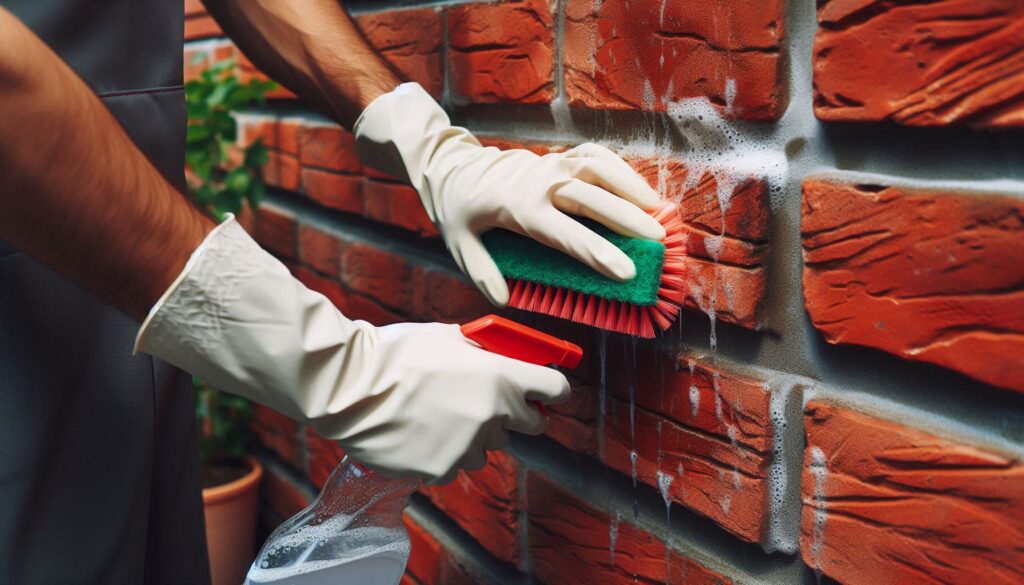 Person cleaning red brick wall with a scrub brush before staining